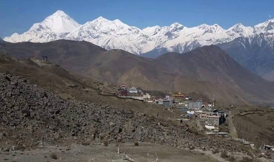 Mount Dhaulagiri and Tukuche Peak on descent from Tharong La