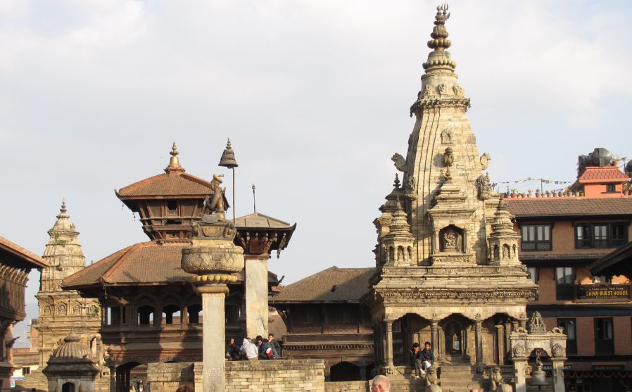 Temples in Durbar Square in Bhaktapur in Kathmandu Valley of Nepal