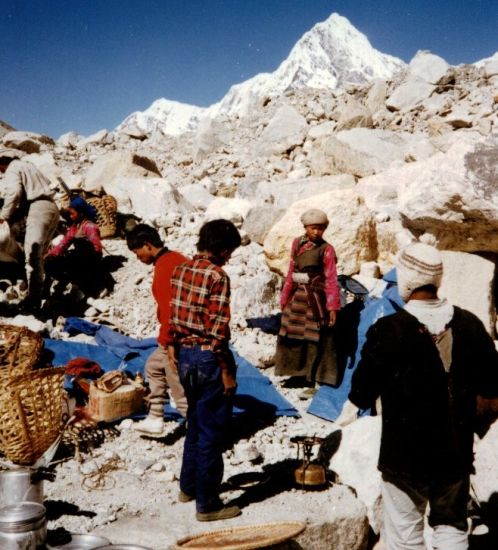 Trekking Crew at Lunch stop on Trakarding Glacier on route to Trashe Labtse