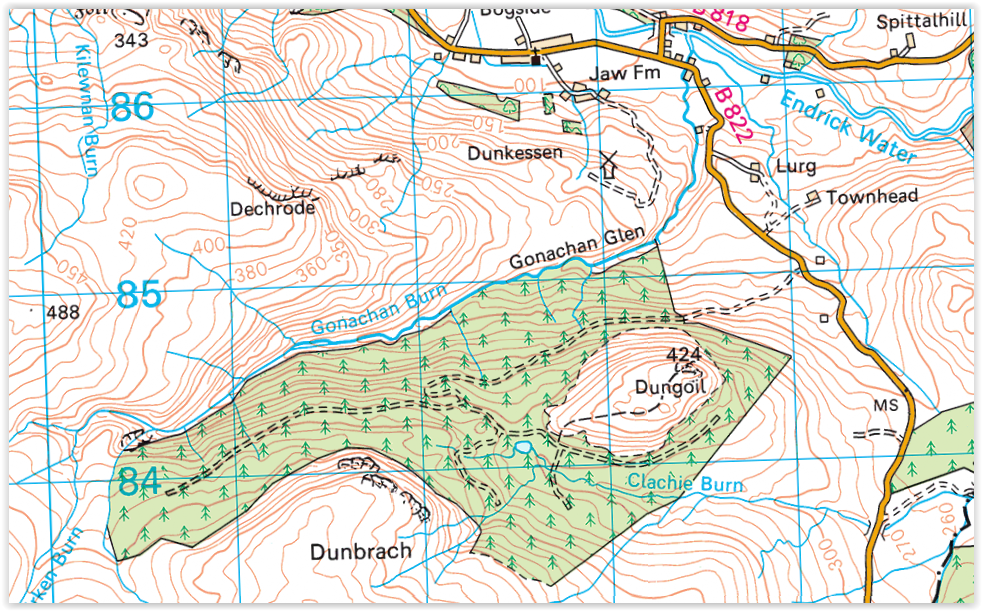 Map of Gonachan Glen and Hole of Kailrine in the Campsie Fells in Central Scotland